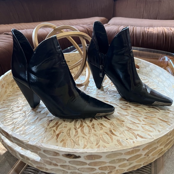 Black Cowboy style booties with metal tip around front toe area - Picture 3 of 6